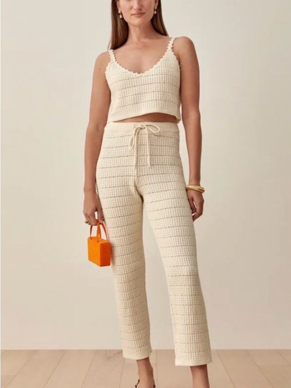 Reformation Cream Knit Straight-Leg Drawstring Pants and matching top